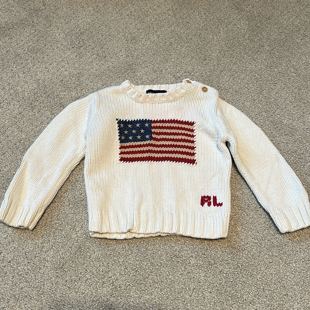 Polo Ralph Lauren Iconic White Cotton Flag Crewneck Sweater 12/24 months